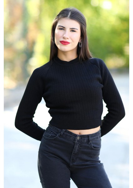 Kadın Siyah Fitilli Crop Triko Kazak Kısa Model Akrilik Kumaş Ribanalı - 3122 fiyatları