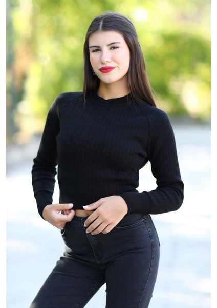 Kadın Siyah Fitilli Crop Triko Kazak Kısa Model Akrilik Kumaş Ribanalı - 3122 modelleri