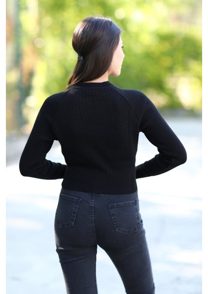 Kadın Siyah Fitilli Crop Triko Kazak Kısa Model Akrilik Kumaş Ribanalı - 3122 indirimleri