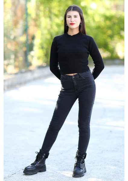 Kadın Siyah Fitilli Crop Triko Kazak Kısa Model Akrilik Kumaş Ribanalı - 3122
