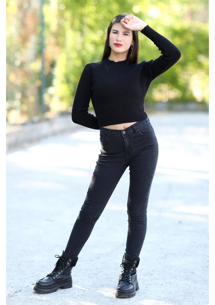Kadın Siyah Fitilli Crop Triko Kazak Kısa Model Akrilik Kumaş Ribanalı - 3122