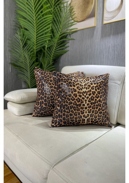 Leopar Pull Payetli Kırlent - ( 1 Adet ) Kare