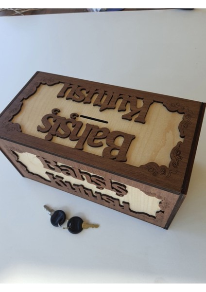 Ahşap Kilitli Bahşiş Kutusu Tip Kutusu Tip Box Para Kumbarası Kilitli Yedek Anahtarlı