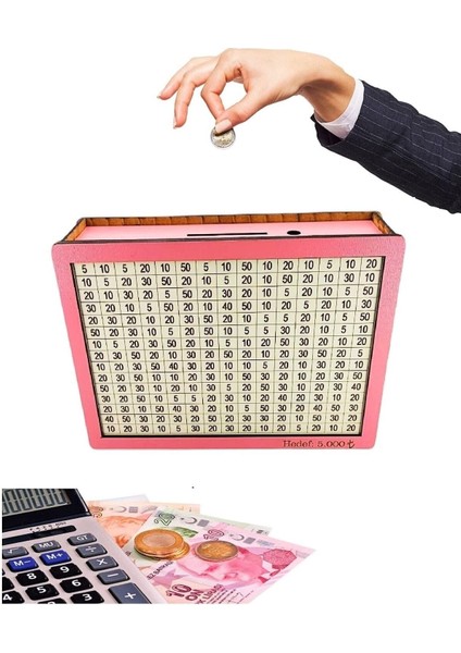 Tekno Trust Para Biriktirme Kutusu Parabox Hedef Kumbarası 5.000 Hedefli Pembe Ahşap Kumbara