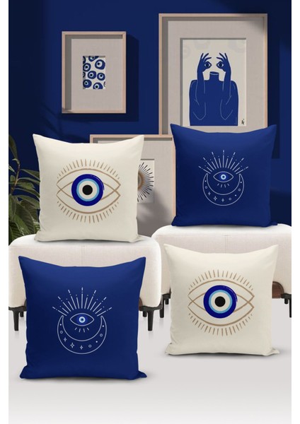 Nazar Serisi Çift Tarafı Dijital Baskılı 4'lü Kırlent Kılıfı Seti (Evil Eye Cushion Cover)