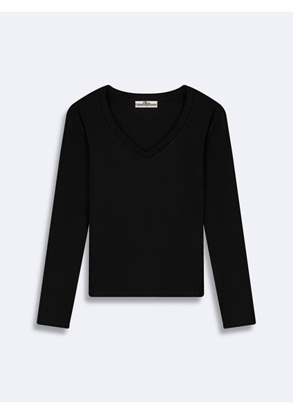 V Yaka Fitilli Siyah Sweatshırt