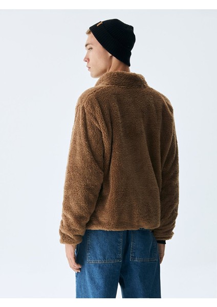 Düz Dik Yaka Fermuarlı Regular Fit Kahve Rengi Sweatshırt modelleri