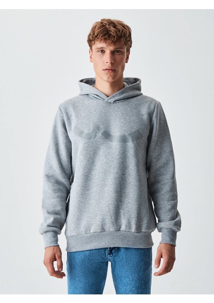 Sıgnlı Kapüşonlu Fermuarsız Regular Fit Gri Sweatshırt