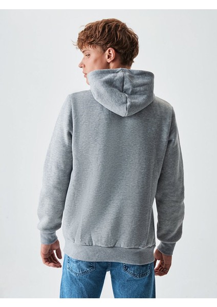 Sıgnlı Kapüşonlu Fermuarsız Regular Fit Gri Sweatshırt
