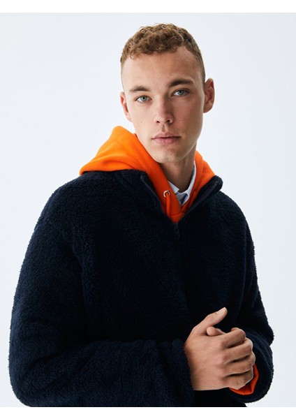 Düz Dik Yaka Fermuarlı Regular Fit Lacivert Sweatshırt