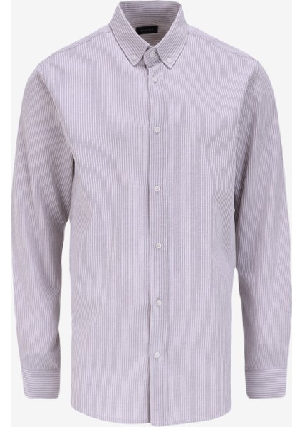 Regular Fit Düğmeli Yaka Çizgili Bej Erkek Gömlek FC4WM-GML 2572