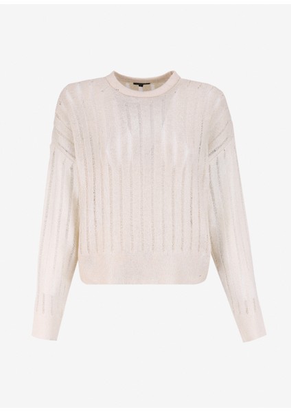 Bisiklet Yaka Geniş Fit Varaklı Beyaz - Gümüş Kazak Kadın F4WL-KZK0607