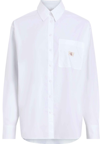 Standart Gömlek Yaka Nakışlı Beyaz Kadın Gömlek Woven Label Relaxed Shırt