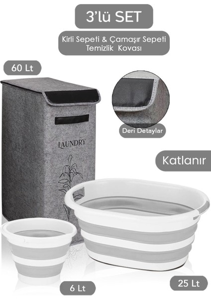 Kapaklı Keçe Çamaşır Sepeti Katlanır Saklama Selesi 3'lü Set Gri 25X40X60CM-25LT Çamaşır Selesi-Kov