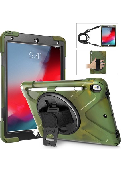 iPad Air 10.5 Inç (2019) Pc Tpu Combo 360 Derece Dönebilen Stand El Kayışı ve Omuz Askısı Ordu i Tablet Kılıfı (Yurt Dışından)