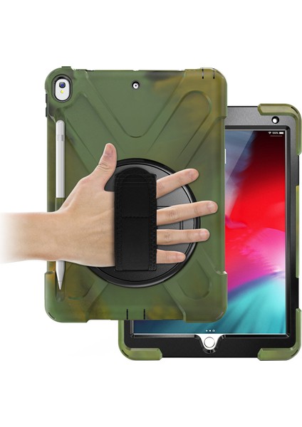 iPad Air 10.5 Inç (2019) Pc Tpu Combo 360 Derece Dönebilen Stand El Kayışı ve Omuz Askısı Ordu i Tablet Kılıfı (Yurt Dışından)
