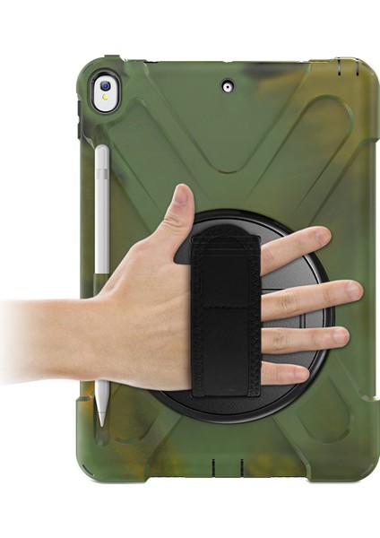 iPad Air 10.5 Inç (2019) Pc Tpu Combo 360 Derece Dönebilen Stand El Kayışı ve Omuz Askısı Ordu i Tablet Kılıfı (Yurt Dışından)