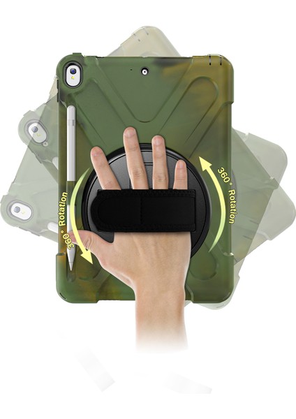 iPad Air 10.5 Inç (2019) Pc Tpu Combo 360 Derece Dönebilen Stand El Kayışı ve Omuz Askısı Ordu i Tablet Kılıfı (Yurt Dışından)