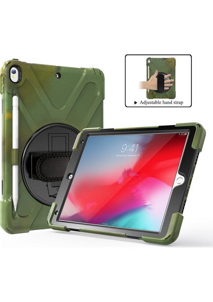 iPad Air 10.5 Inç (2019) Pc Tpu Combo 360 Derece Dönebilen Stand El Kayışı ve Omuz Askısı Ordu i Tablet Kılıfı (Yurt Dışından)