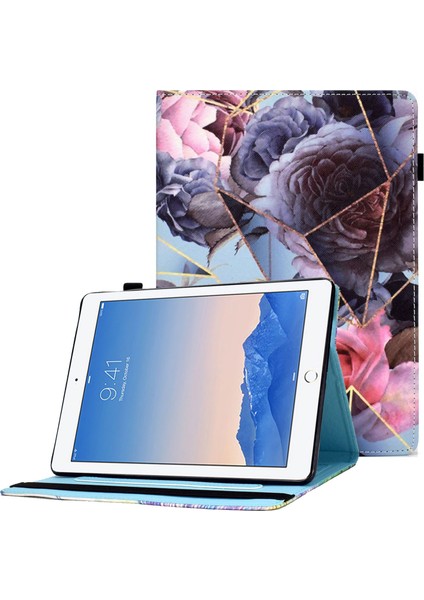 iPad Air (2013) AIR 2 Dikiş Pu Deri Desen Baskı Standı Kart Tutucu Elastik Bant Kapatma Tablet Kılıfı (Yurt Dışından)
