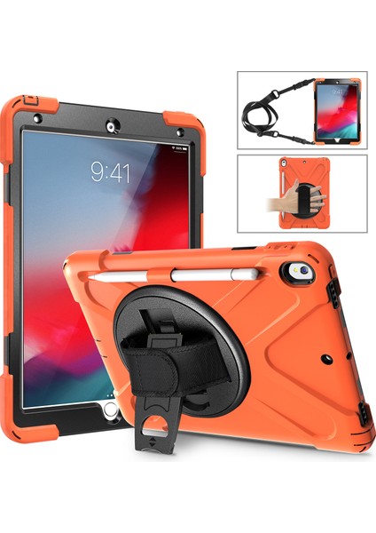 iPad Air 10.5 Inç (2019) Pc Tpu Combo 360 Derece Dönebilen Tekme Standı El Kayışı ve Omuz Askısı Turuncu Tablet Kılıfı (Yurt Dışından)