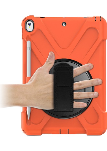 iPad Air 10.5 Inç (2019) Pc Tpu Combo 360 Derece Dönebilen Tekme Standı El Kayışı ve Omuz Askısı Turuncu Tablet Kılıfı (Yurt Dışından)