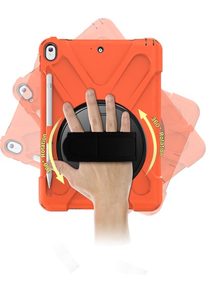 iPad Air 10.5 Inç (2019) Pc Tpu Combo 360 Derece Dönebilen Tekme Standı El Kayışı ve Omuz Askısı Turuncu Tablet Kılıfı (Yurt Dışından)