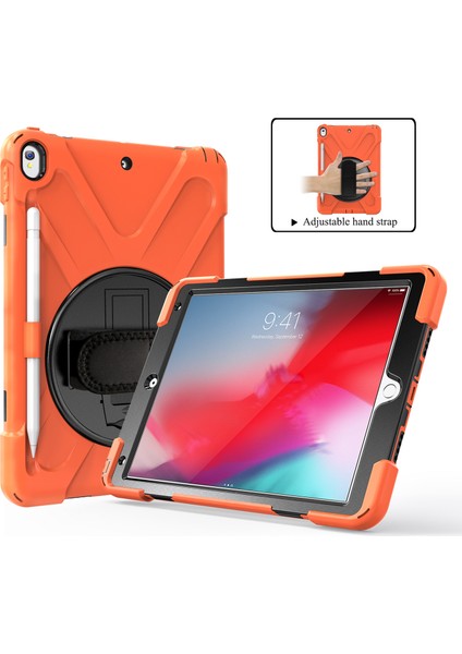 iPad Air 10.5 Inç (2019) Pc Tpu Combo 360 Derece Dönebilen Tekme Standı El Kayışı ve Omuz Askısı Turuncu Tablet Kılıfı (Yurt Dışından)
