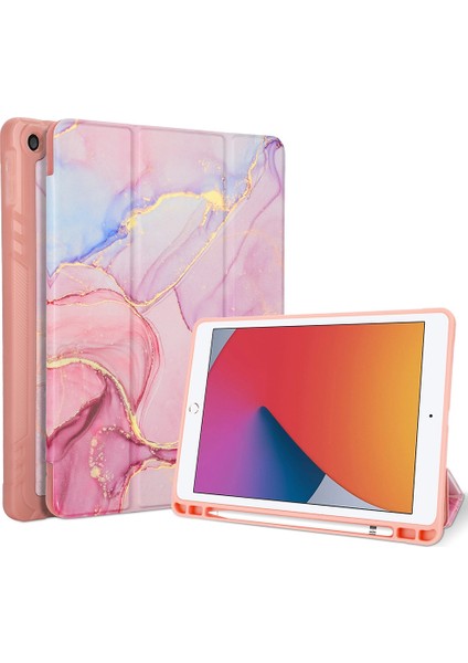 iPad 10.2 (2019 2020) Mermer Desenli Üç Katlı Standlı Pu Deri Otomatik Uyandırma uyku ve Kalem Yuvası Tablet Kılıfı (Yurt Dışından)