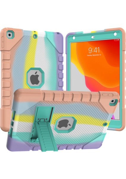 iPad 10.2 (2019 2020 2021) kuşağı Tamlı Düşmeye Pc stand Rainbow 001 ile Silikon Hibrit Tablet Kılıfı (Yurt Dışından)