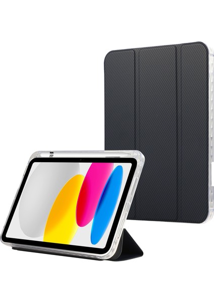 iPad 10.9 (2022) Üç Katlı Stand Deri Otomatik Uyandırma uyku Karbon Fiber Doku Tablet Kılıfı (Yurt Dışından)
