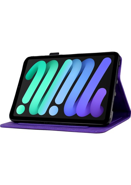 iPad Mini (2021) Deri Çiçek Desenli Baskılı Dikişli Çizilmez Kart Tutuculu Stand Tablet Kılıfı (Yurt Dışından)