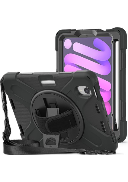 iPad Mini (2021) El Bandı Tamlı Hibrit 360° Dönebilen Omuz Askılı Stand Tablet Kılıfı (Yurt Dışından)