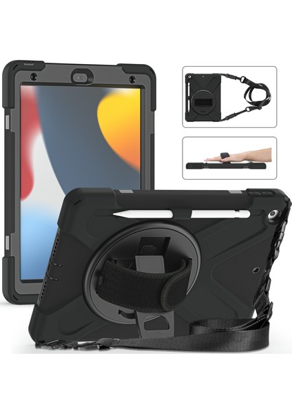 El Bandı Kayışı Tamlı 360 Derece Dönebilen Tekme Standı Omuz Askısı iPad 10.2 (2019 2020 2021) SIYAH Tablet Kılıfı (Yurt Dışından)