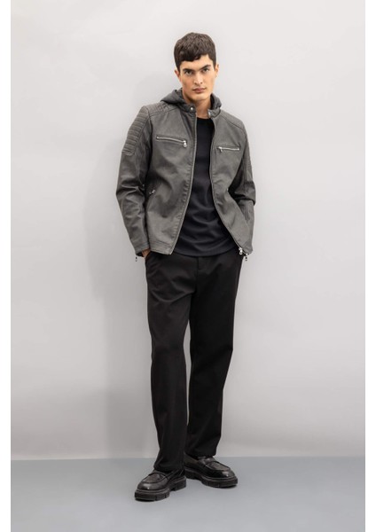 Antrasit Su İtici Slim Fit Dar Kesim Çıkarılabilir Kapüşonlu Fermuarlı Cepli Suni Deri Mont R2523AZ24WN fiyatları
