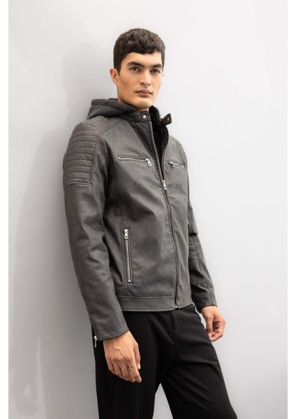 Antrasit Su İtici Slim Fit Dar Kesim Çıkarılabilir Kapüşonlu Fermuarlı Cepli Suni Deri Mont R2523AZ24WN modelleri