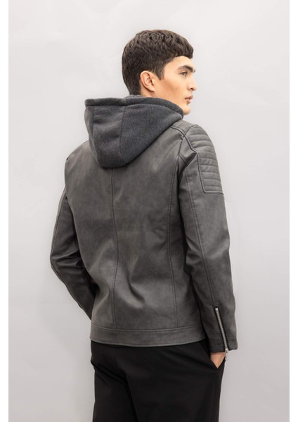 Antrasit Su İtici Slim Fit Dar Kesim Çıkarılabilir Kapüşonlu Fermuarlı Cepli Suni Deri Mont R2523AZ24WN fırsatları