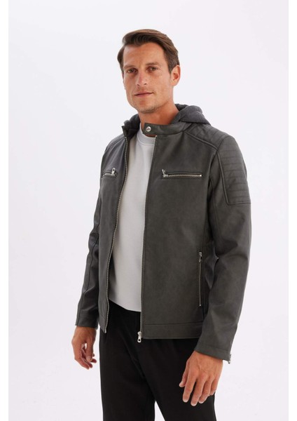 Antrasit Su İtici Slim Fit Dar Kesim Çıkarılabilir Kapüşonlu Fermuarlı Cepli Suni Deri Mont R2523AZ24WN indirimleri