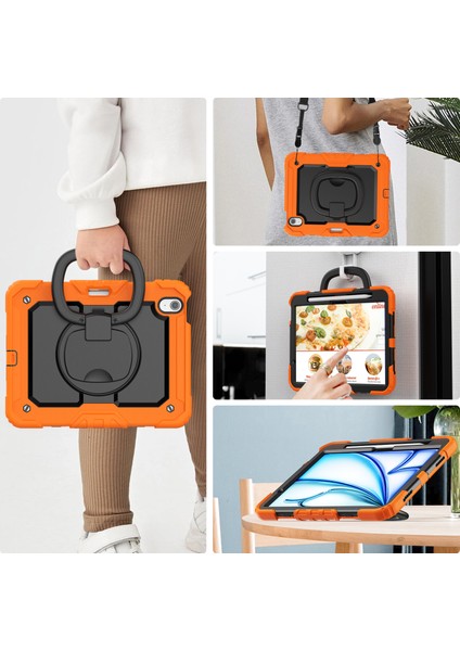 iPad Air 11 (2024) Pc Silikon Omuz Askılı Döner Tutma Kolu Turuncu Tablet Kılıfı (Yurt Dışından)