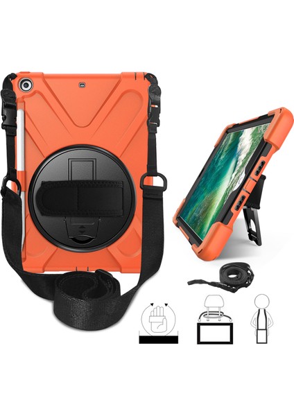 iPad 9 7 Inç (2018 2017) Pc Tpu Kombine 360 Derece Dönebilen Çubuğu el Kayışı ve Omuz Askısı Turuncu Tablet Kılıfı (Yurt Dışından)