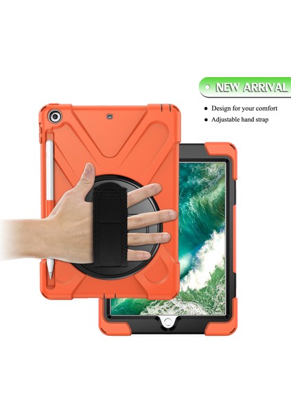 iPad 9 7 Inç (2018 2017) Pc Tpu Kombine 360 Derece Dönebilen Çubuğu el Kayışı ve Omuz Askısı Turuncu Tablet Kılıfı (Yurt Dışından)