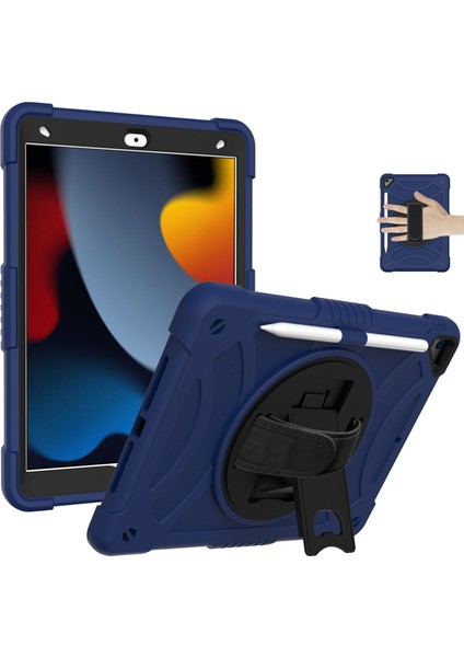 iPad 10.2 (2019 2020 2021) Standlı Silikon Pc El Kayışlı kalem Tutuculu Sağlam Lacivert Tablet Kılıfı (Yurt Dışından)