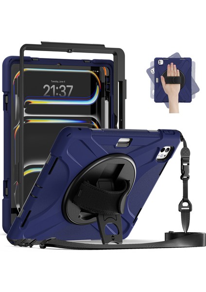 iPad Pro 13 (2024) Stand Kalem Yuvası Tpu Pc Silikon Omuz Askılı Lacivert Tablet Kılıfı (Yurt Dışından) fiyatları