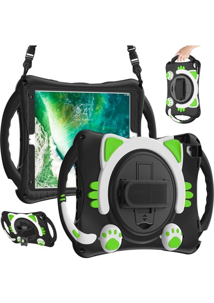 360° Döner Tekme Standı iPad 9 7 Inç (2017 2018) Omuz Askılı Hibrit El Bandı Tablet Kılıfı (Yurt Dışından)