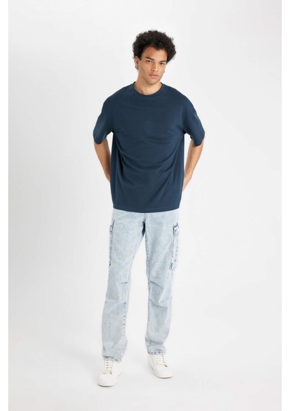 Oversize Geniş Kalıp Bisiklet Yaka Kısa Kollu Basic Düz Ağır Kumaş Tişört X3926AZ24AU