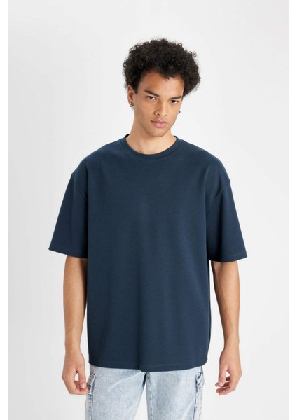 Oversize Geniş Kalıp Bisiklet Yaka Kısa Kollu Basic Düz Ağır Kumaş Tişört X3926AZ24AU