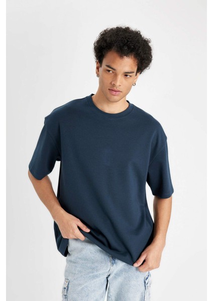 Oversize Geniş Kalıp Bisiklet Yaka Kısa Kollu Basic Düz Ağır Kumaş Tişört X3926AZ24AU