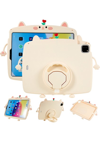iPad Air (2020 2022) DÖNER Tekme Standı Kedi Silikon Tablet Kılıfı (Yurt Dışından)