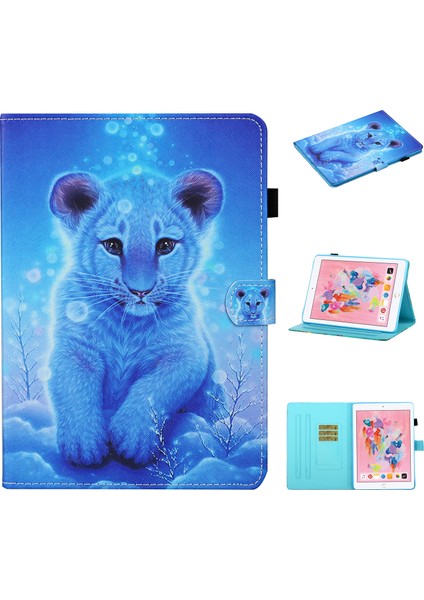 Desenli Deri Kart Tutucu Standı iPad iPad 9.7 Inç (2017) (2018) LITTLE Tiger Tablet Kılıfı (Yurt Dışından)