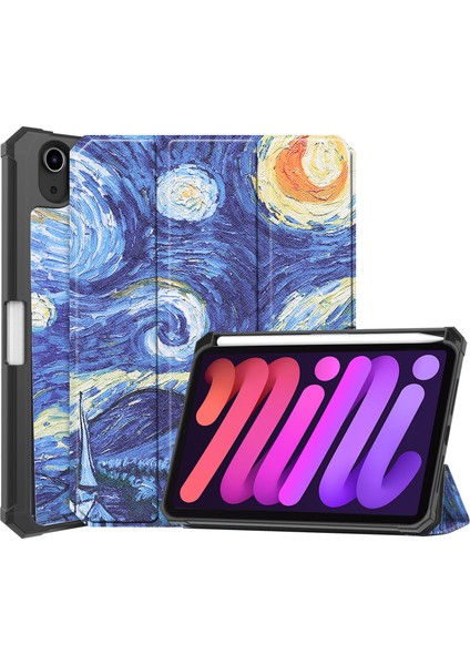 iPad Mini 6 (2021) Koruyucu Kalem Tutucu Üç Katlı Stand Deri Yıldızlı Gece Tablet Kılıfı (Yurt Dışından)